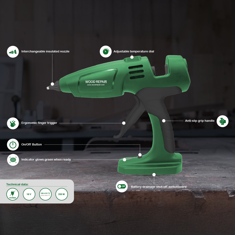 Wood Repair WR 540 PRO Cordless applicator gun, angled view