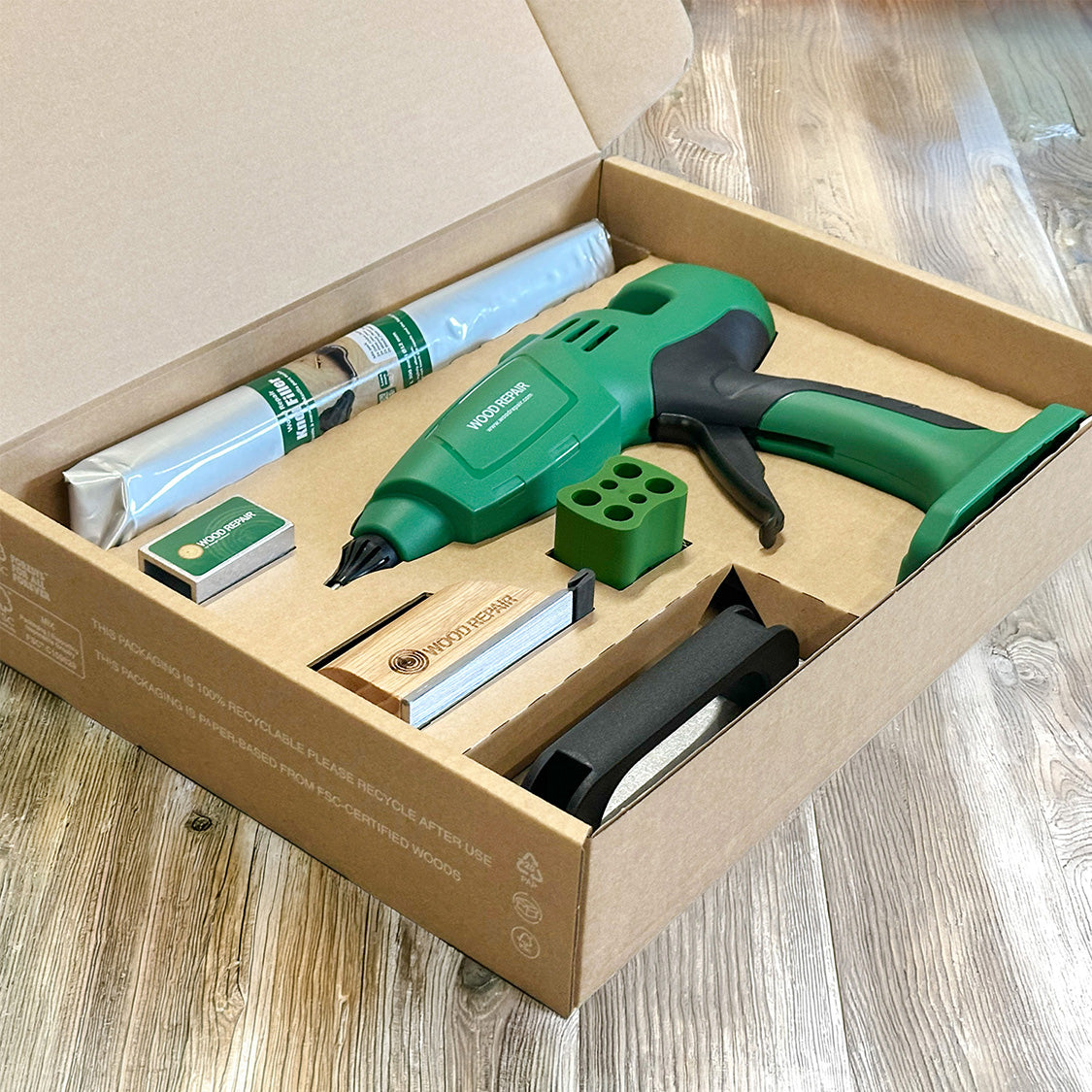 Wood Repair PRO Cordless Kit shown in its open carrying case