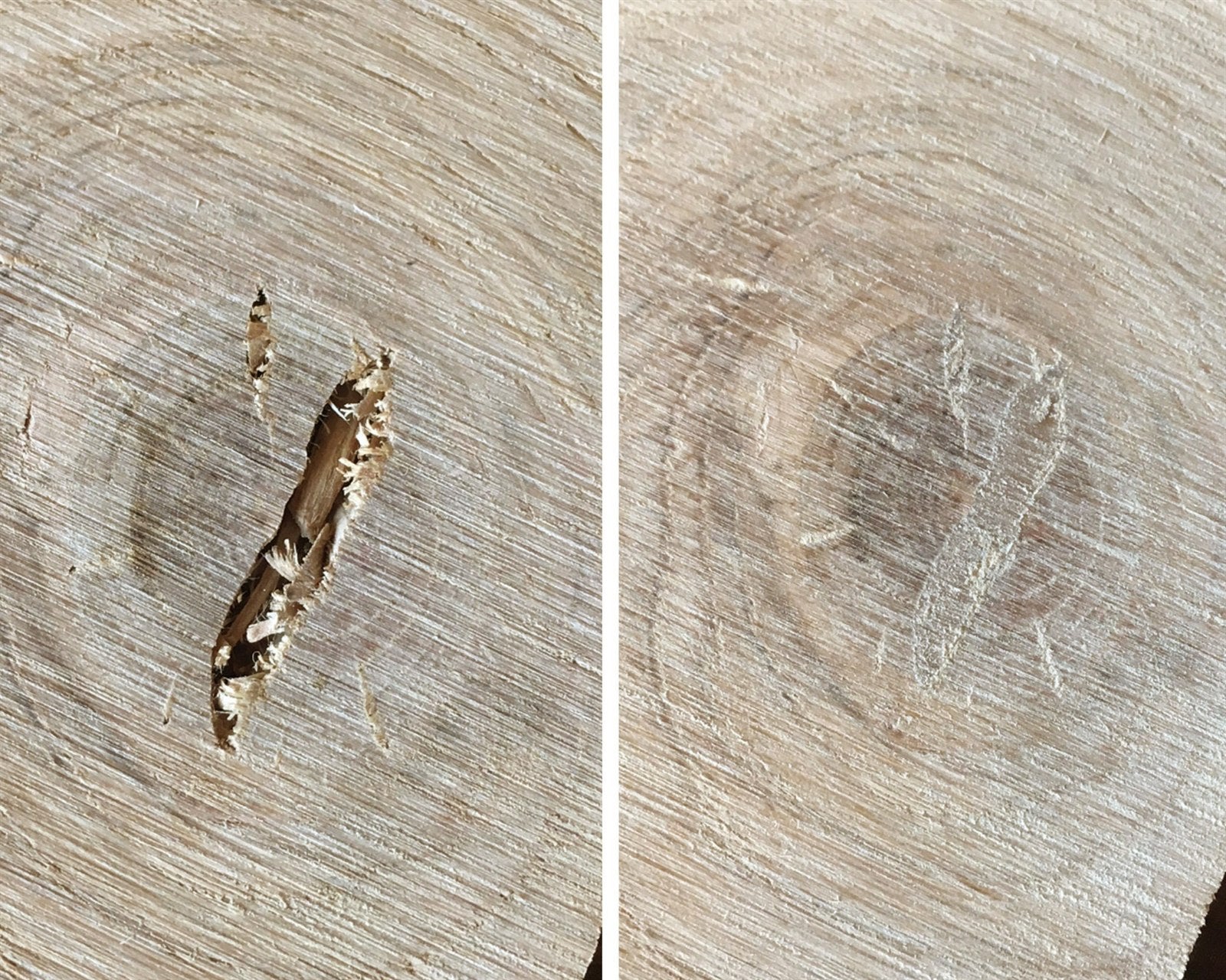 Before and after: a wood crack filled with Knot Filler, sanded flush and nearly invisible