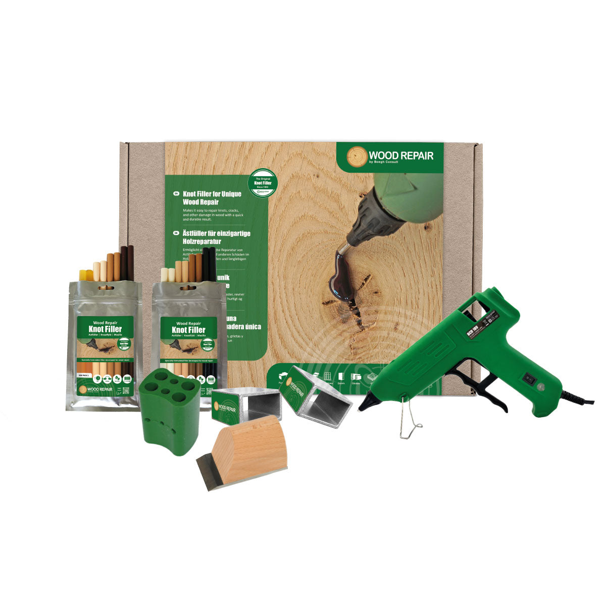 Wood Repair PLUS+ Kit contents: WR 180 gun, Knot Filler stick bags, cooling brick and cutting tool