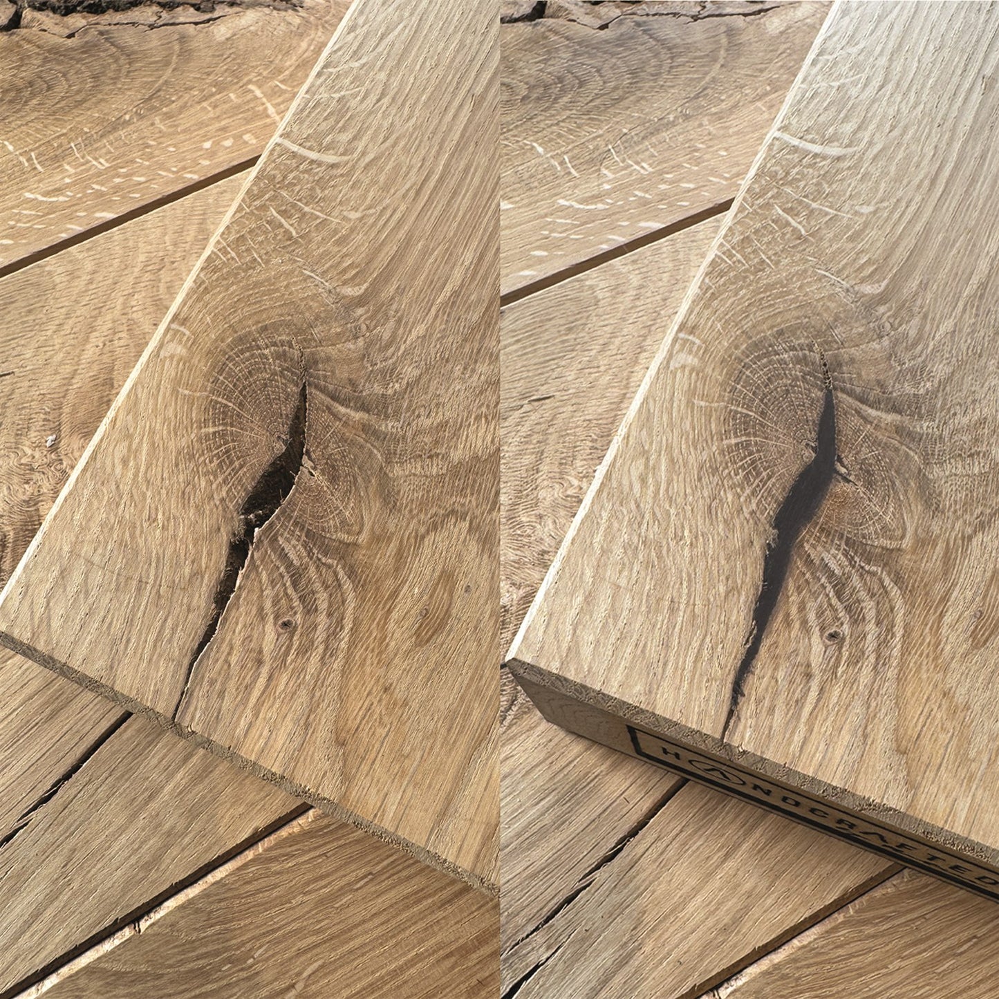 Before and after: an open crack in an oak board filled with Knot Filler, sanded flush and nearly invisible