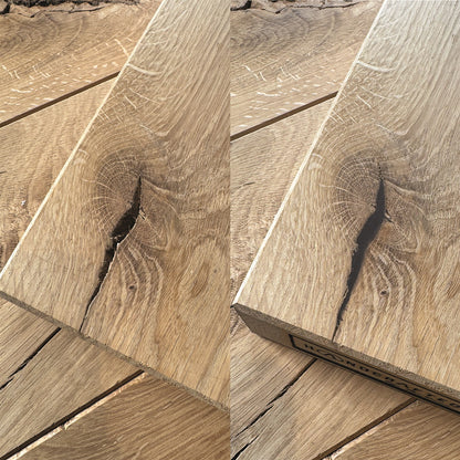 Before and after: an open crack in an oak board filled with Knot Filler, sanded flush and nearly invisible